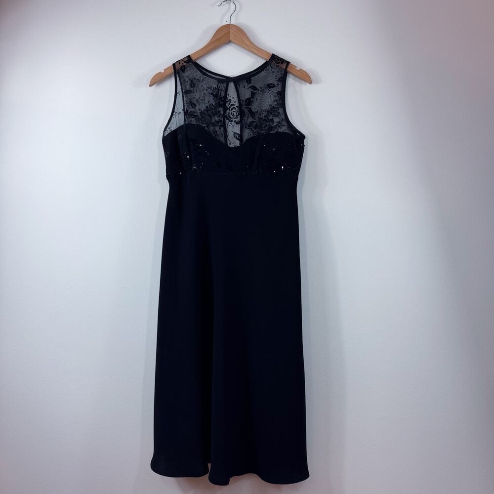 Womens Vintage 8 Dress Black Sequin 90s Semi-Formal Cocktail Party Sheer Floral